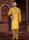 Yellow Colour Outluk Vol 34 Latest Jaqcuard Silk With Self Work Party Wear Kurta Pajama Mens Collection 34001